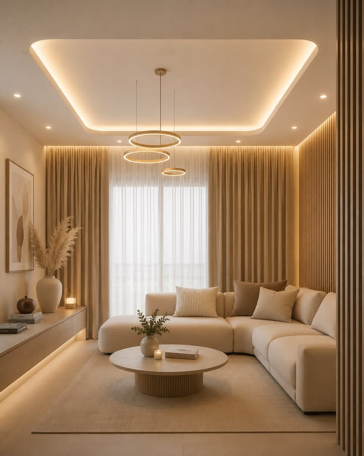 Living room with timber shelving and slatted panelling